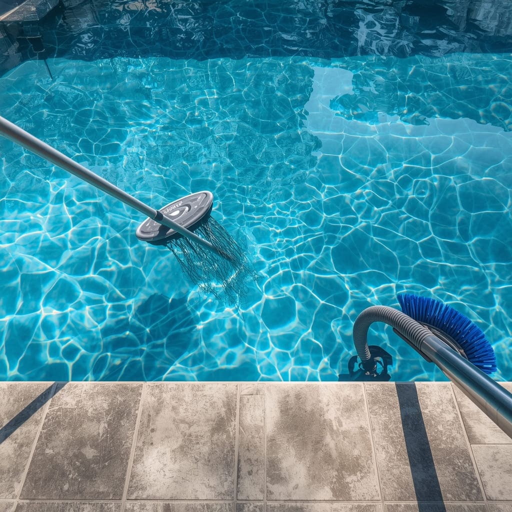 Technician testing pool water and cleaning skimmer basket