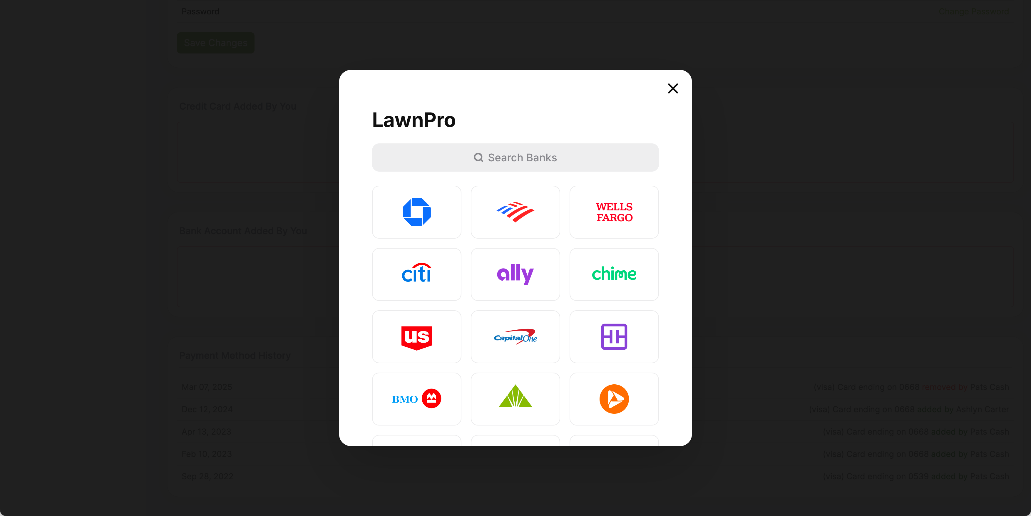 ACH bank transfer setup showing customer connecting bank account through Plaid in the customer portal