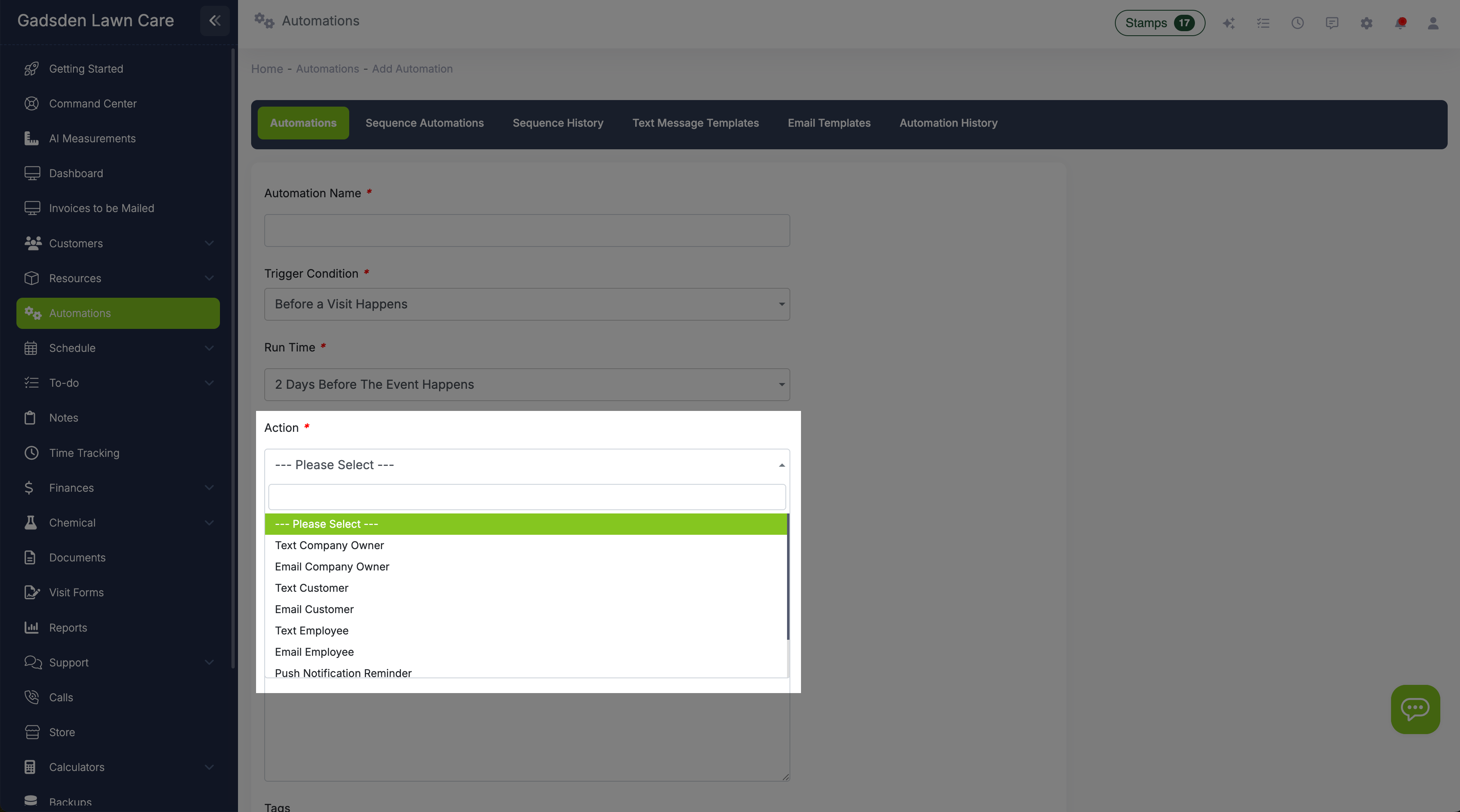 Automation action options showing send email, send text, and push notification with template selection