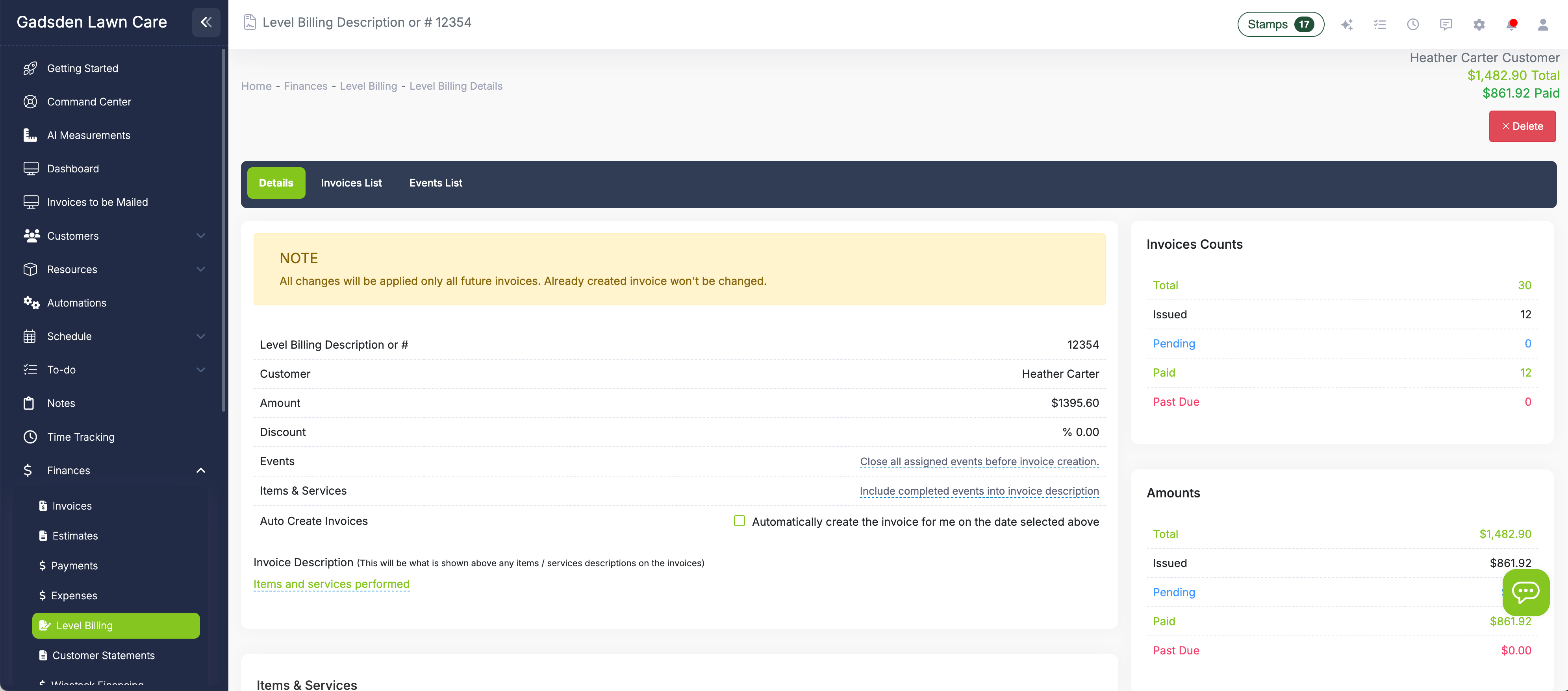 LawnPro level billing agreements dashboard showing contract list with status, progress bars, and balance tracking