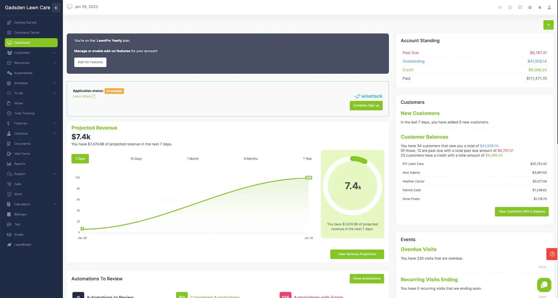 Lawn care business dashboard.