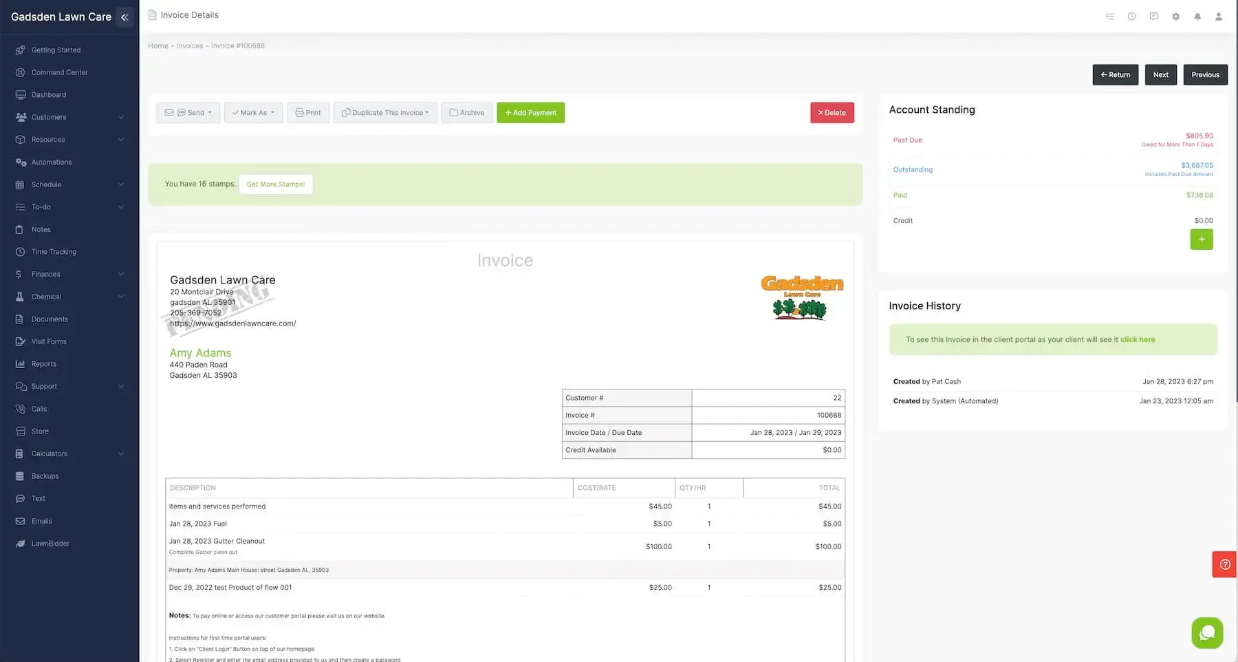 Lawn care business invoices and estimates.