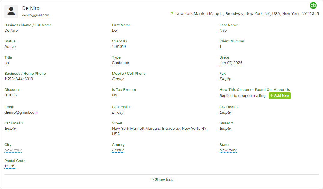 Customer Profile synced with QuickBooks
