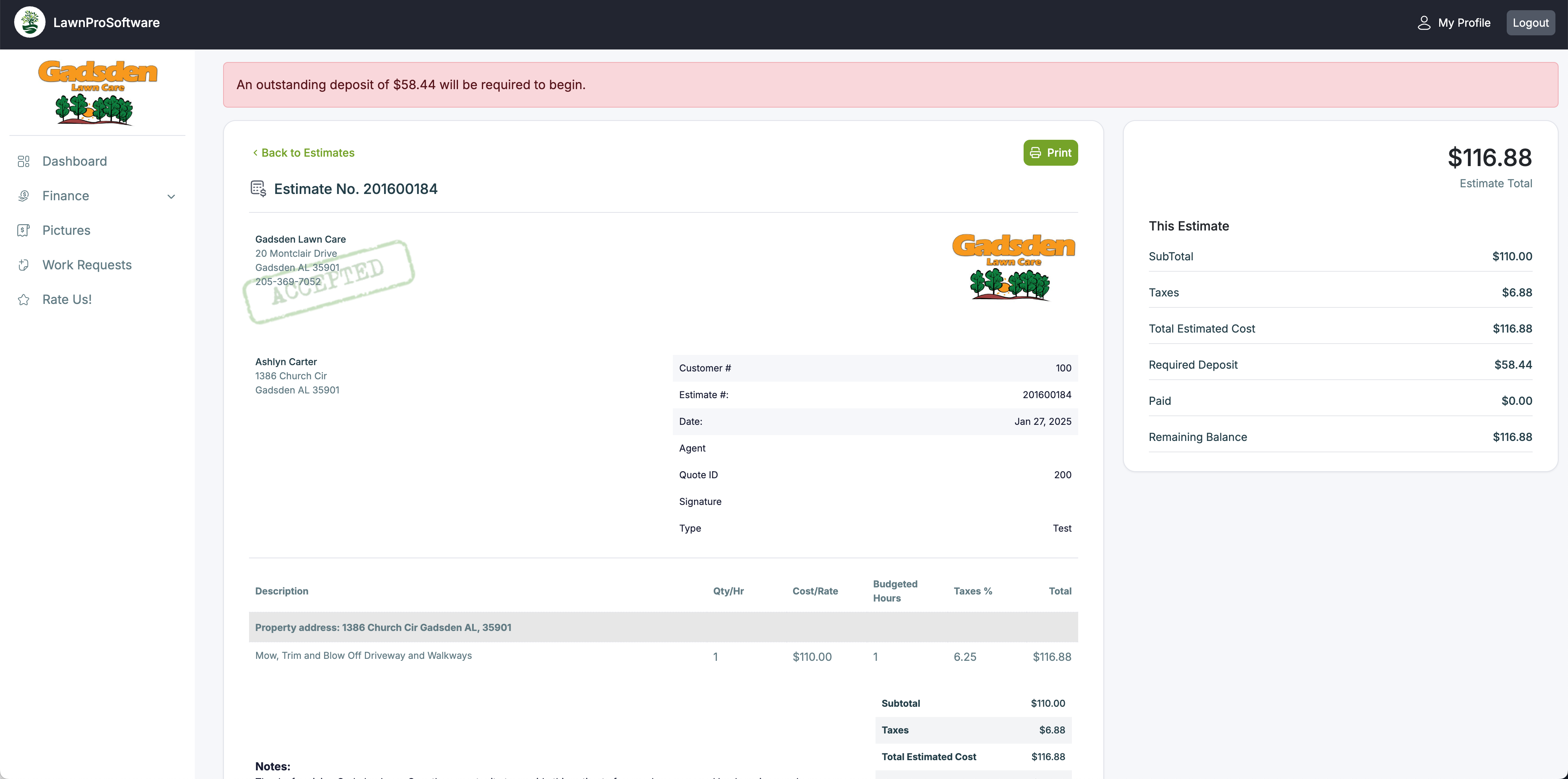 Customer portal showing accept, decline, and request changes buttons on an estimate