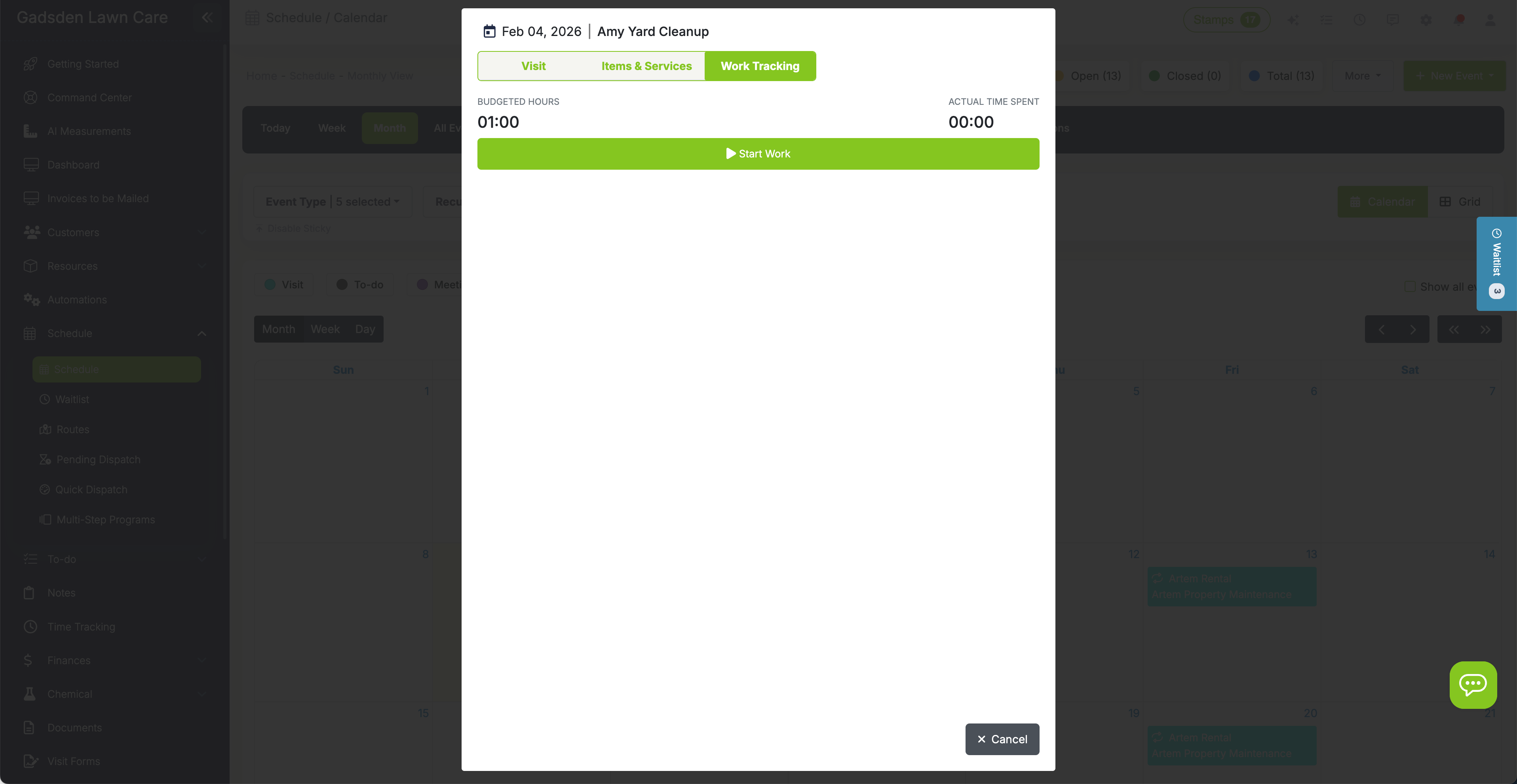 Starting a job timer from the schedule by clicking Start Work on a visit