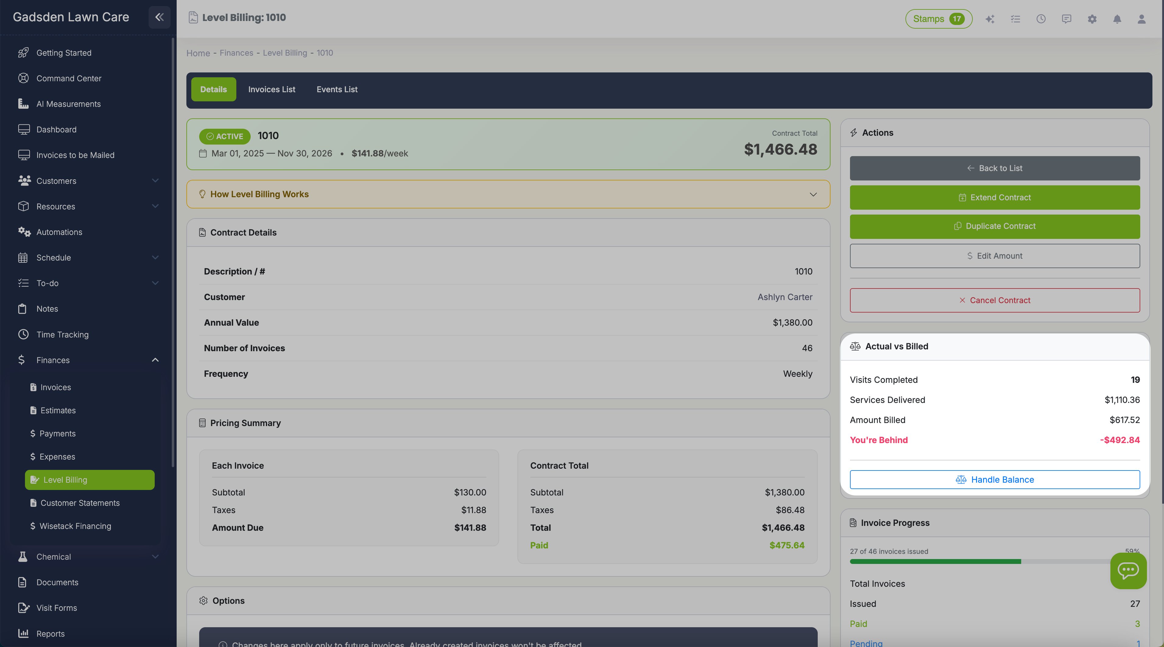 Level billing contract showing Actual vs. Billed widget with running balance and service history