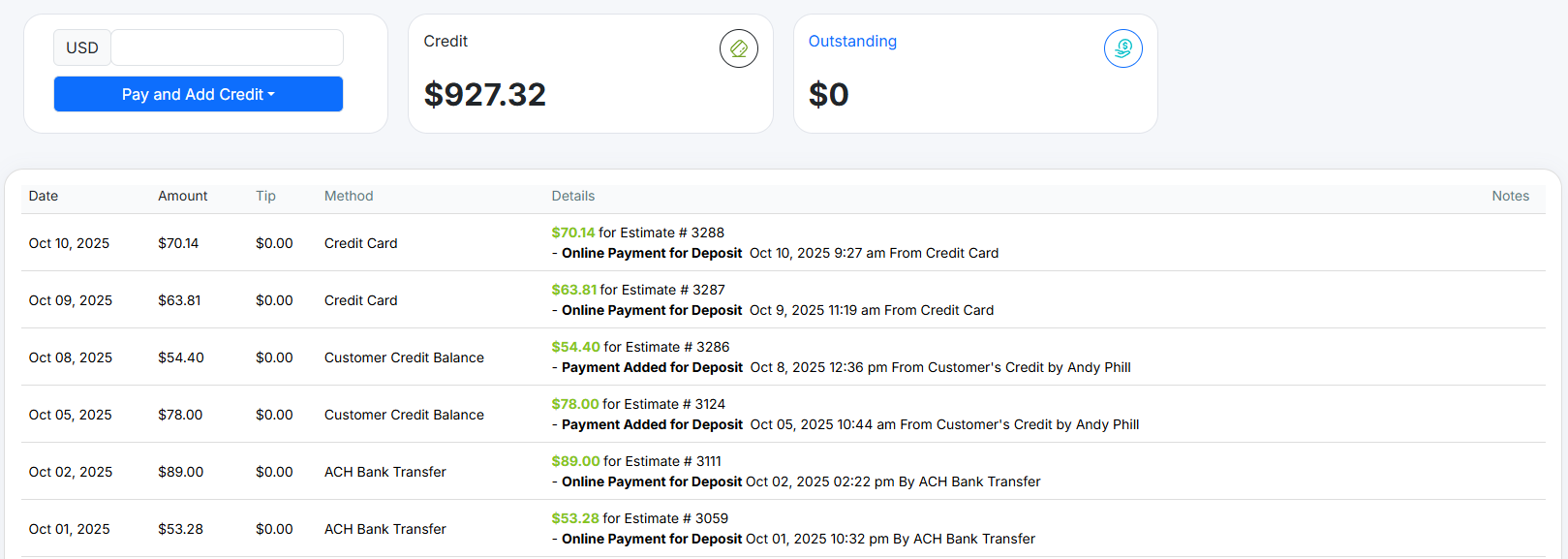 Client viewing deposit payment history for estimates in Client Portal