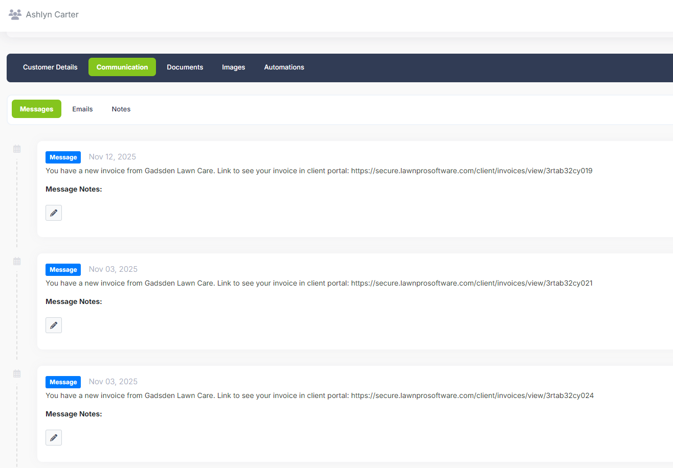 LawnPro customer communication log showing sent SMS messages and notes
