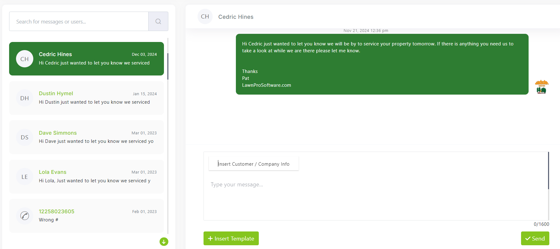LawnPro two-way texting inbox showing customer conversations and message composer