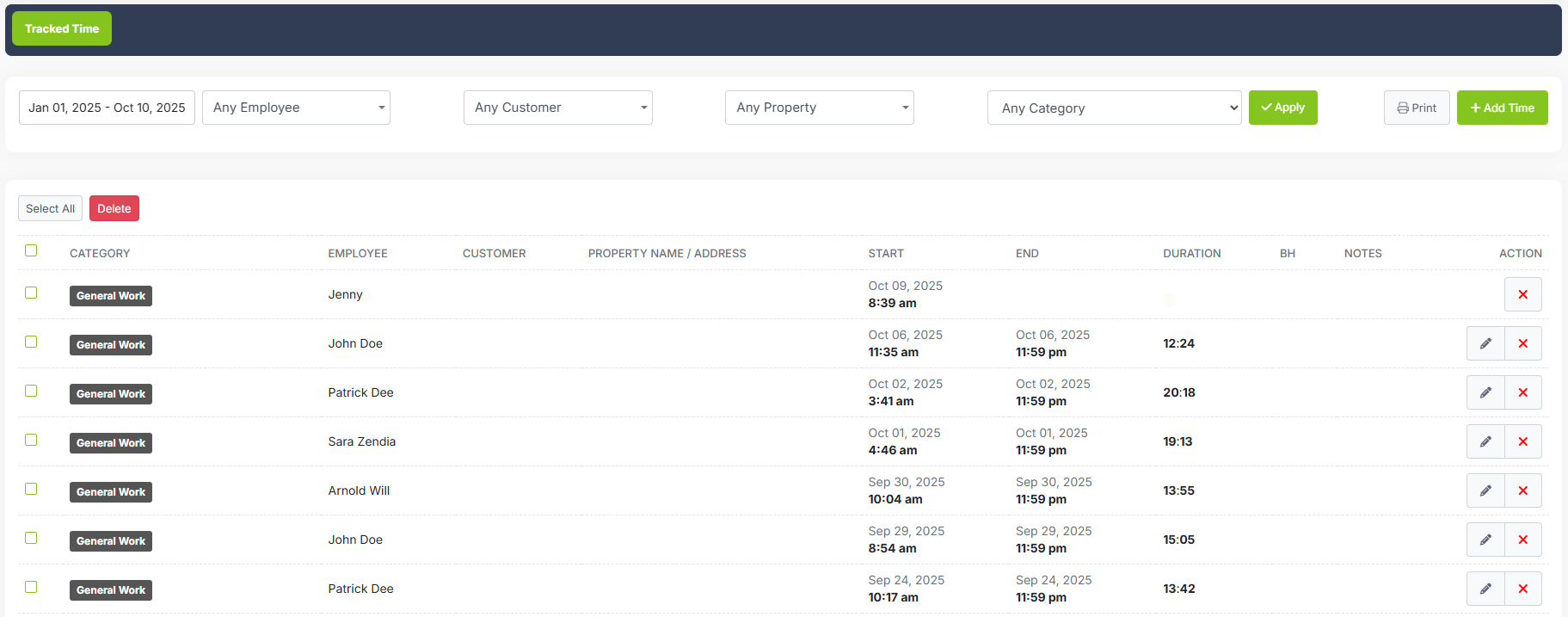 List of tracked time entries