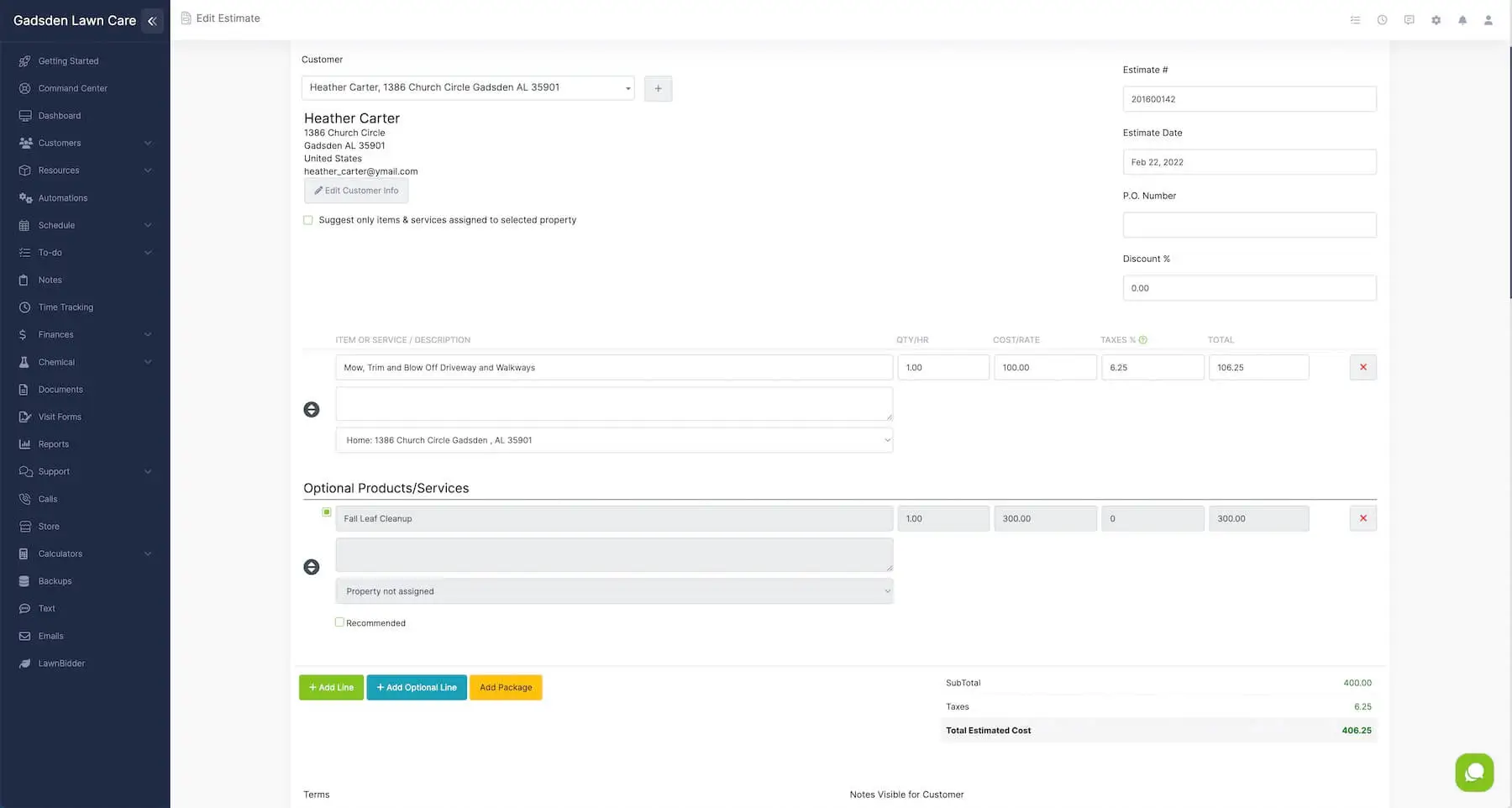 Lawn care business invoices and estimates.