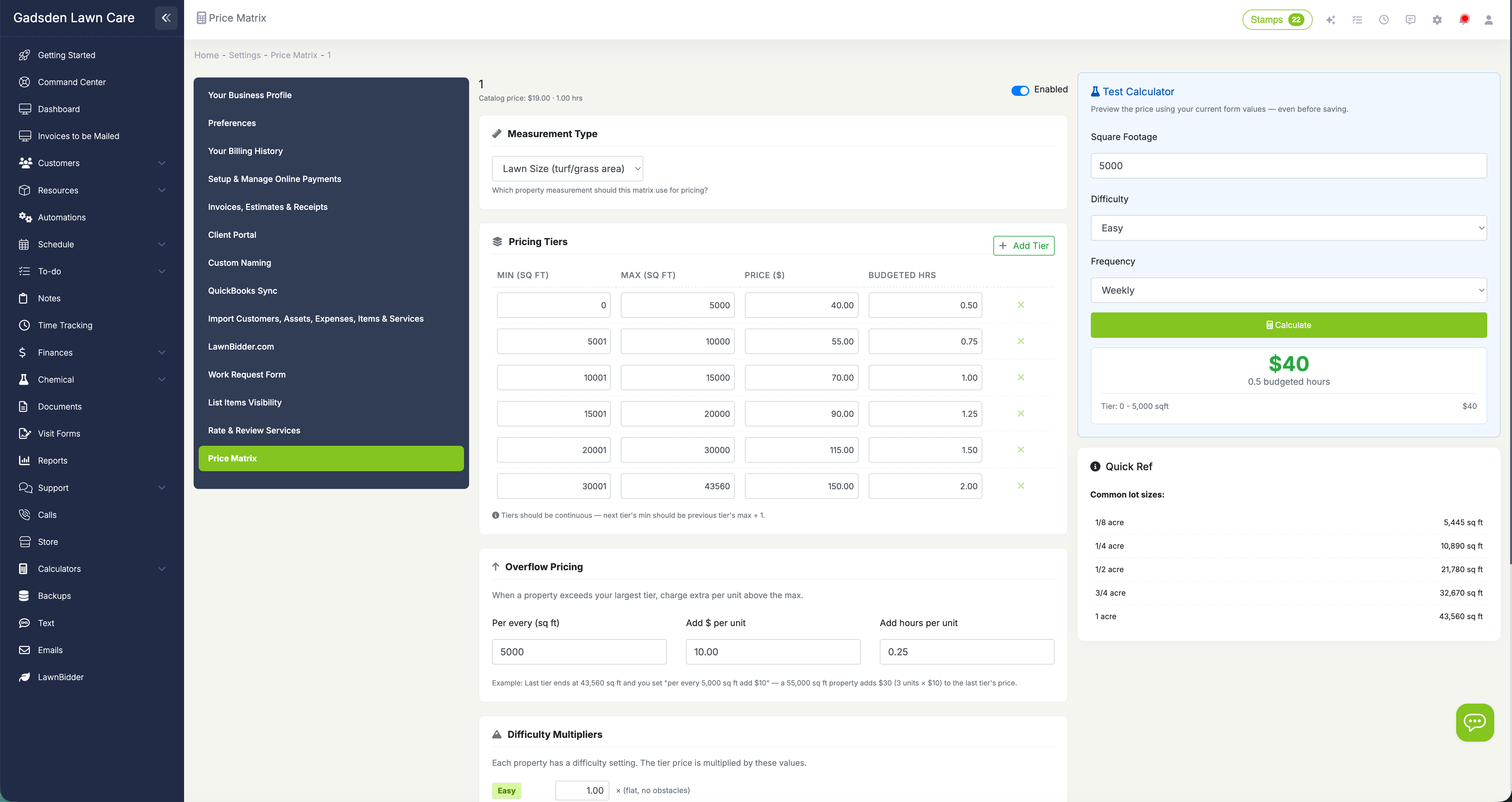 LawnPro Price Matrix showing pricing tiers for lawn mowing based on square footage