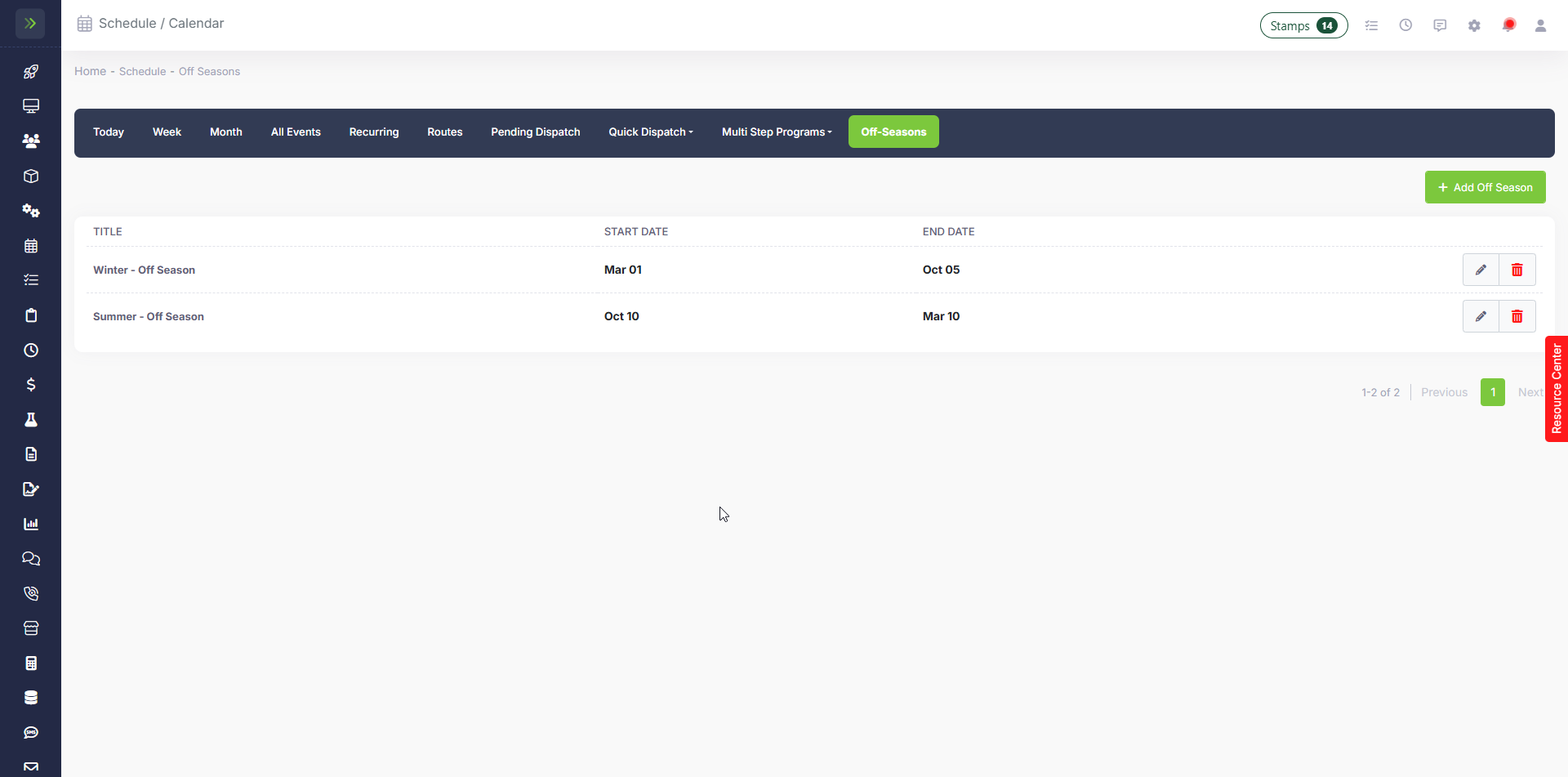 Manage off-season scheduling