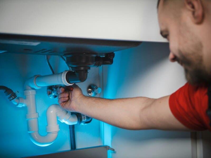 Plumber working under a sink with tools organized