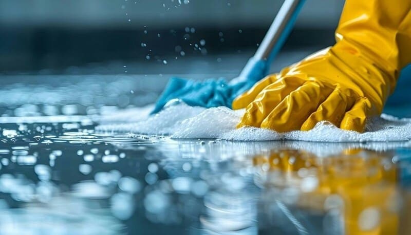 Cleaning crew preparing supplies in a tidy living room