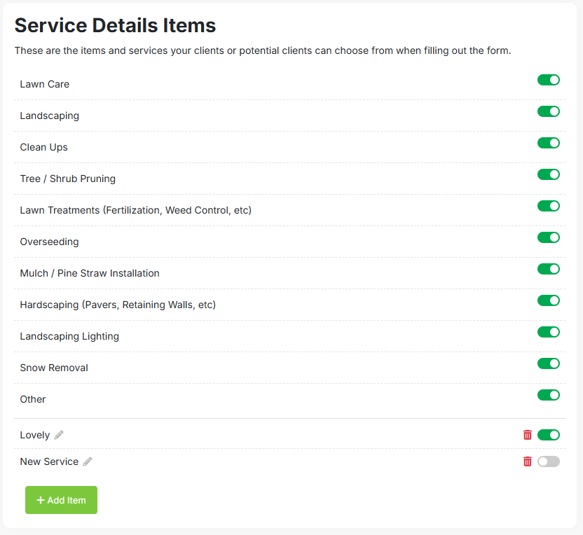 Service items list and toggles
